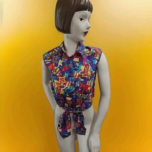 On The Verge 90s Shirt Women Sz S Bright Funky Colors & Abstract Print Waist Tie
